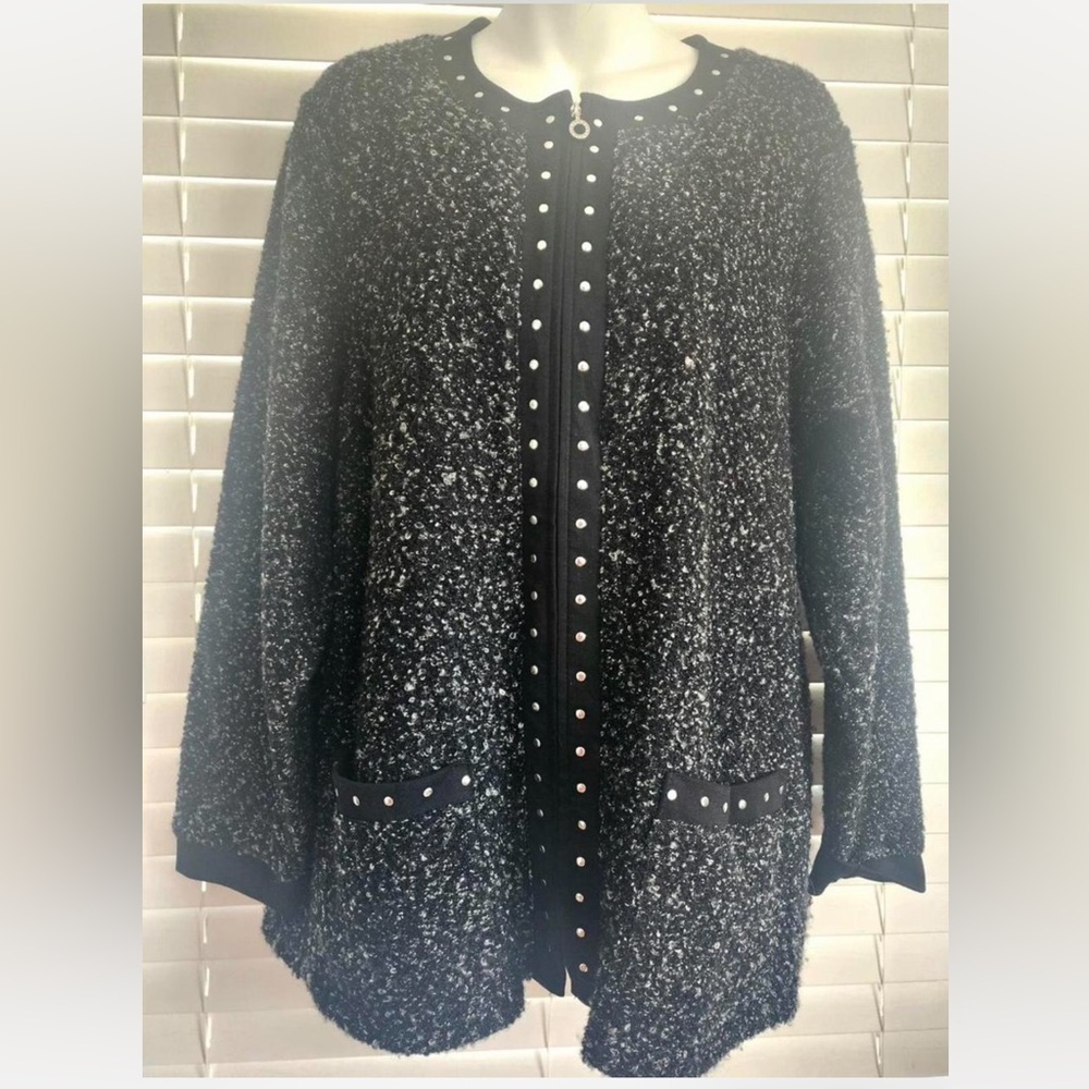 Cathy Daniel’s full-zip cardigan sweater with pockets and Studded embellishments